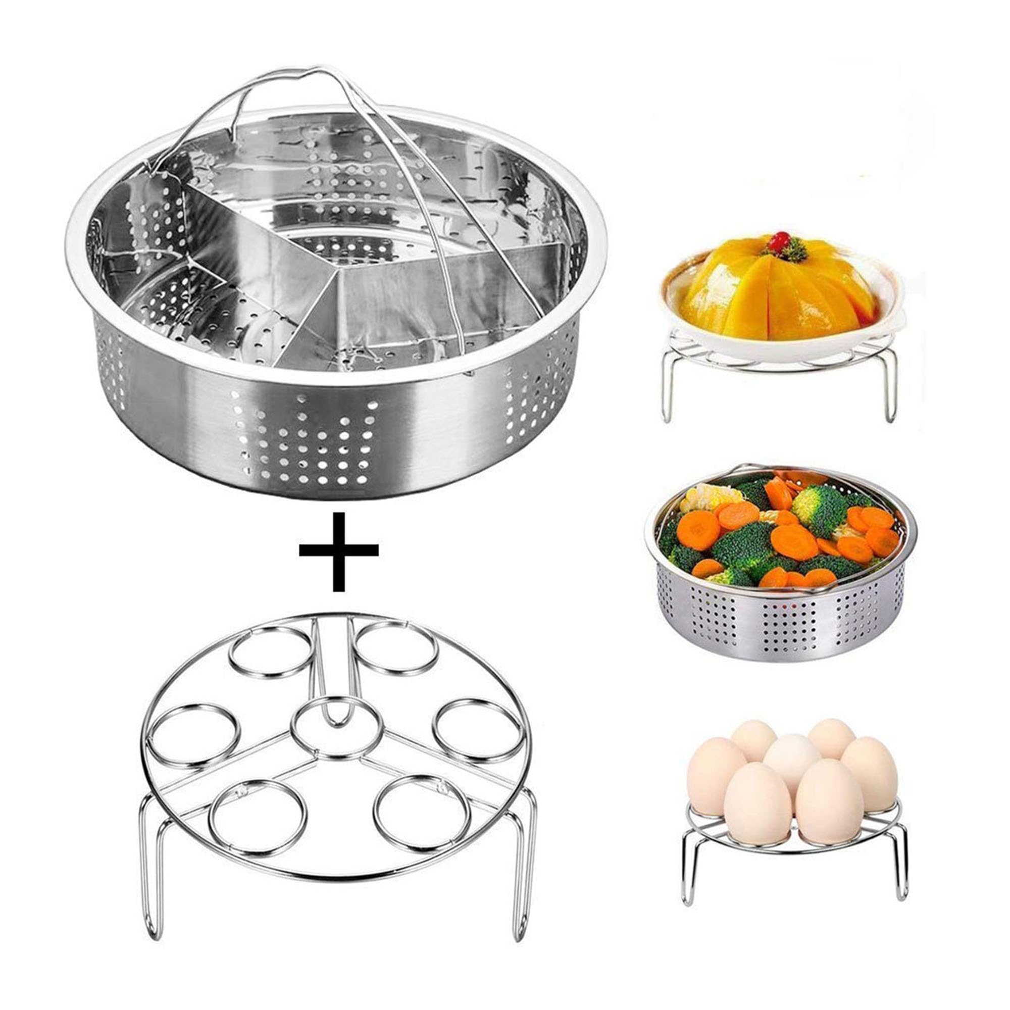 Smooce Pressure Cooker Pot Set Steam Basket with Egg Steamer Rack, Divider, Fits Instant Pot 5,6,8 qt Pressure Cooker, Stainless Steel, Set of 3, Energy Class A + (0.5)
