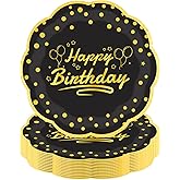 LDFDRT 7inch Black and Gold Happy Birthday Paper Plates 50 pcs Party Decorations Cake Dessert Plates Disposable Dinnerware Tableware for Birthday Party Supplies
