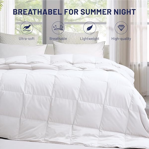 SNOWMAN EXTRA-SOFT DOWN BLANKET QUEEN, LIGHTWEIGHT DOWN COMFORTER WITH 8 CORNER TABS, COOLING BED COMFORTER FOR HOT SLEEPERS, 18OZ FILL WEIGHT AND NOISELESS DOWN PROOF FABRIC (WHITE, 90″X90″)