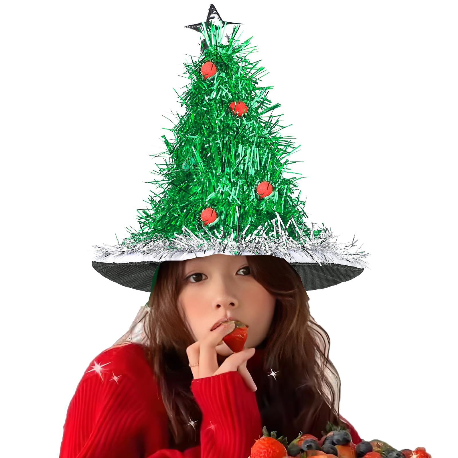 Adult Novelty Christmas Tree Hat with Tinsel and Star Christmas Holiday Sparkly Santa Hat Fancy Dress Party Headwear Topper Table Ornament Decor Party Dress Up Costume Cap for Cosplay Night Out