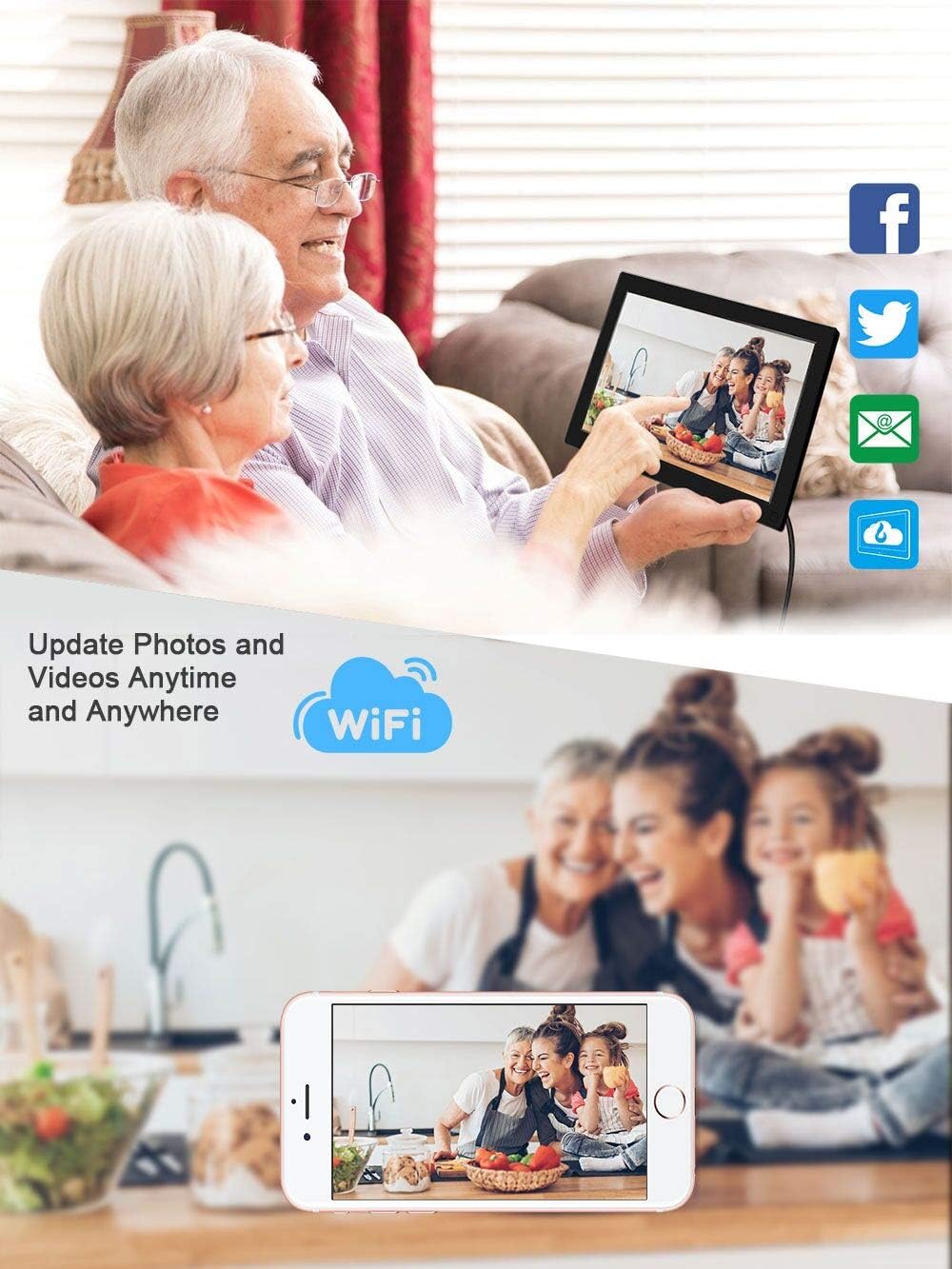 BSIMB Digital Picture Frame 10.1 Inch WiFi 16GB Digital Photo Frame 1280x800 IPS Touch Screen Auto Rotate Motion Sensor Add Photos/Videos from iPhone & Android App/Twitter/Facebook/Email W10 : Electronics