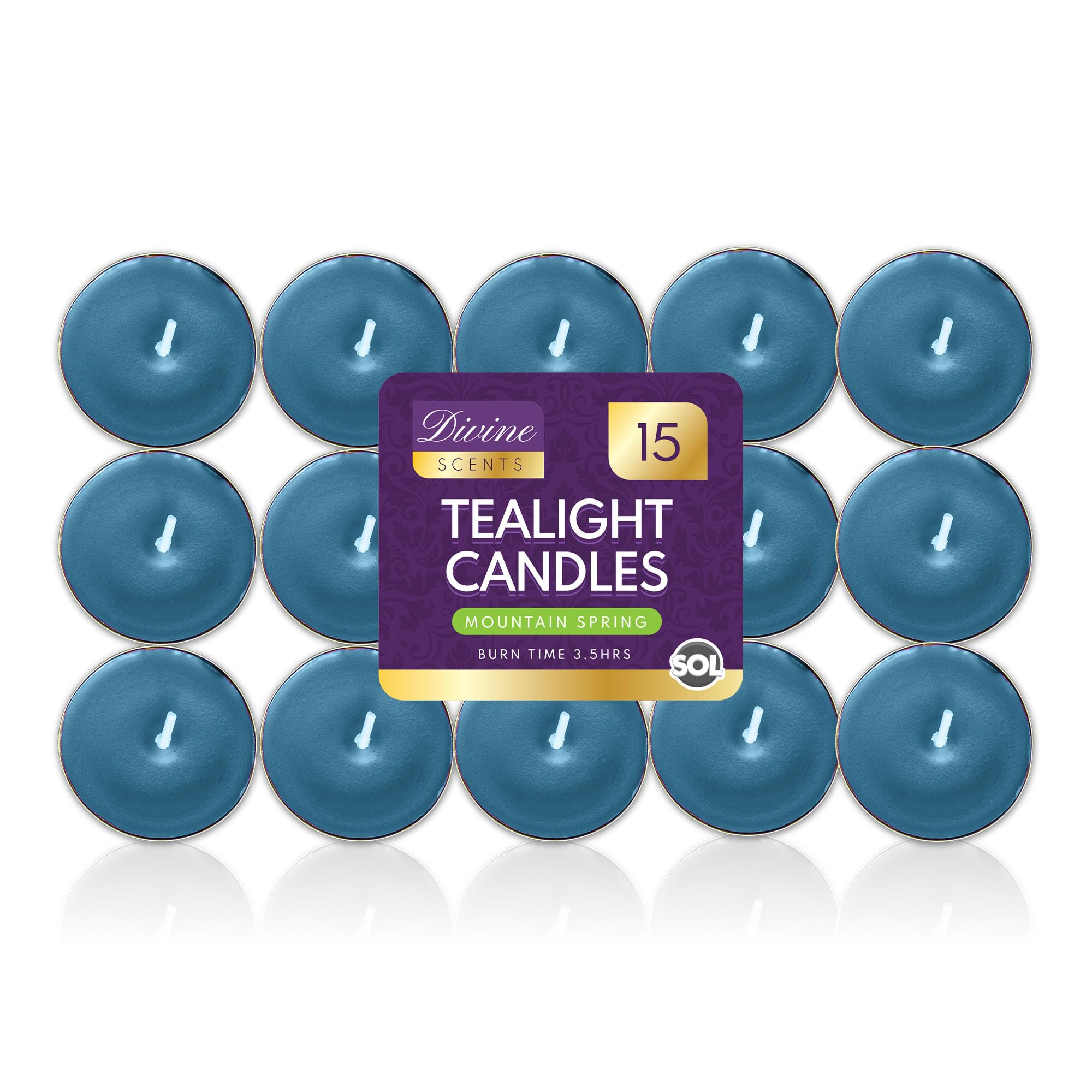 SOL 15pk Mountain Spring Scented Tea Light Candles Long Burning – 3.5 Hour Burn Time, Ideal for Home, Relaxation, Spa, Massage, Romantic Dinners, Weddings, Anniversaries, Festive Decor & Cosy Evenings