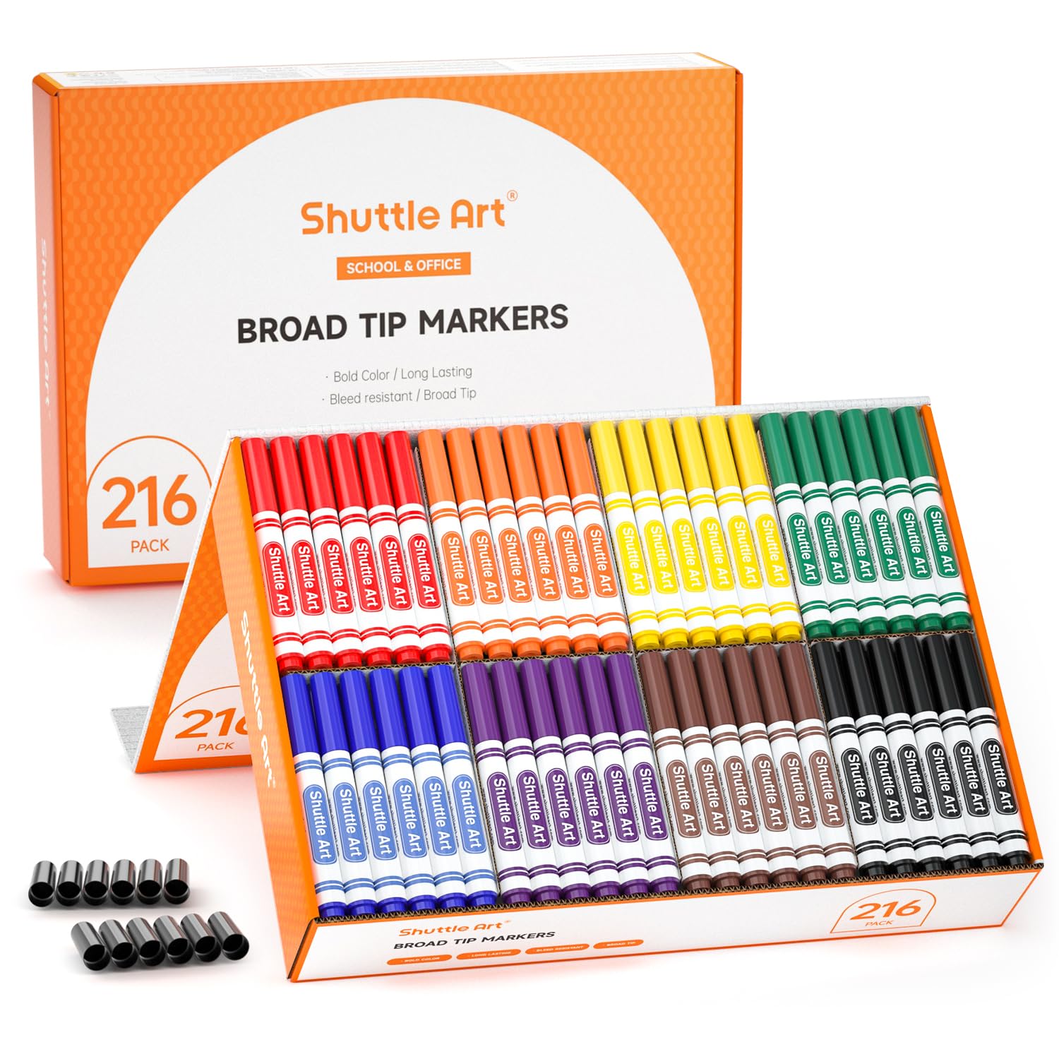 Shuttle Art 216 Pack Washable Felt Tip Colouring Pens for Kids - 8 Colours, Broad Line Markers for Children, Chunky Felt Tip School Pack - Classroom School Supplies