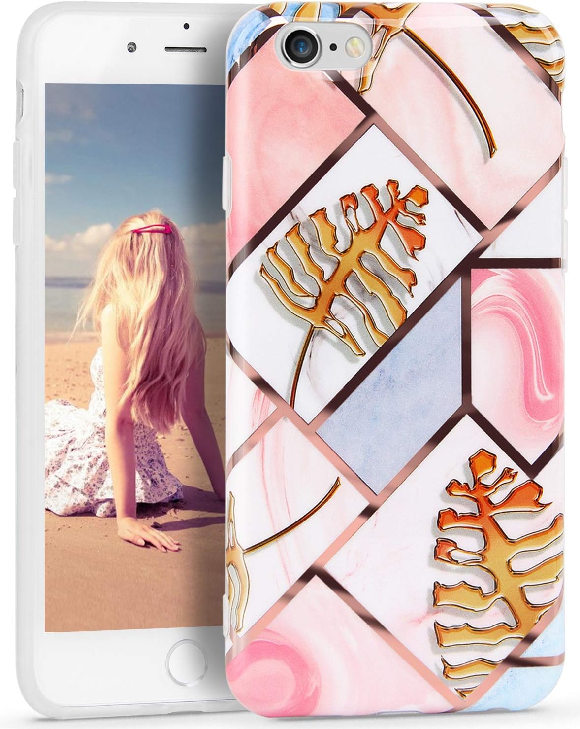 Imikoko iPhone 6s Case,iPhone 6 Marble Phone Cover,Glitter Rose Gold Stripe with Leaves Pattern Shockproof Silicone Glossy TPU Soft Rubber Cases for iPhone 6/6s (4.7 inch) - Pink Blue Leaves