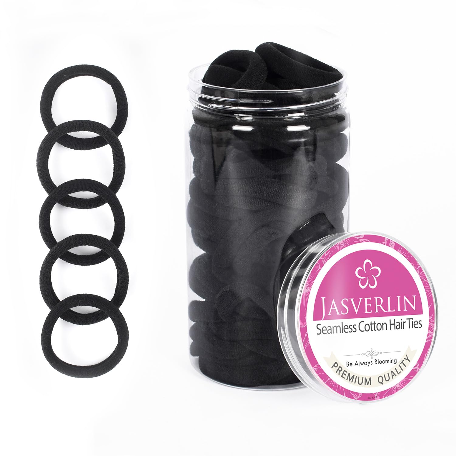 JASVERLIN 100 pcs Seamless Cotton Black Hair Ties, Thick Hair Elastic Bands Soft No Damage Ponytail Holders for Women Girl 1.5 inch — image 1