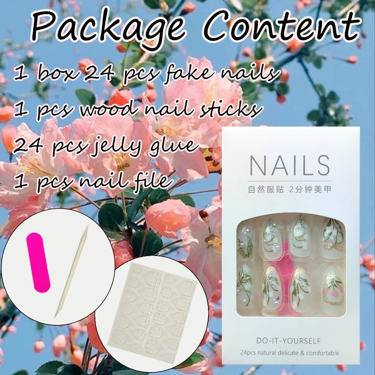 24Pcs Flower Press on Nails Medium Almond Fake Nails Tulip Orchid Design Artificial Acrylic Nails with 3D Rhinestones Pearl False Nails White Floral Glue on Nails Spring Stick on Nails Kit for Women - Image 5