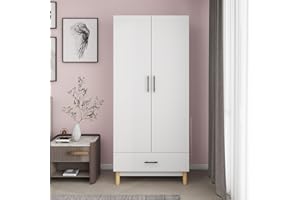 GraceGrove Armoire Wardrobe Closet Wardrobe Closet, Bedroom Armoire Wardrobe Closet with 2 Doors, Bedroom Armoires with Drawer White Wood 31.5''W x 18.9''D x 70.87''H