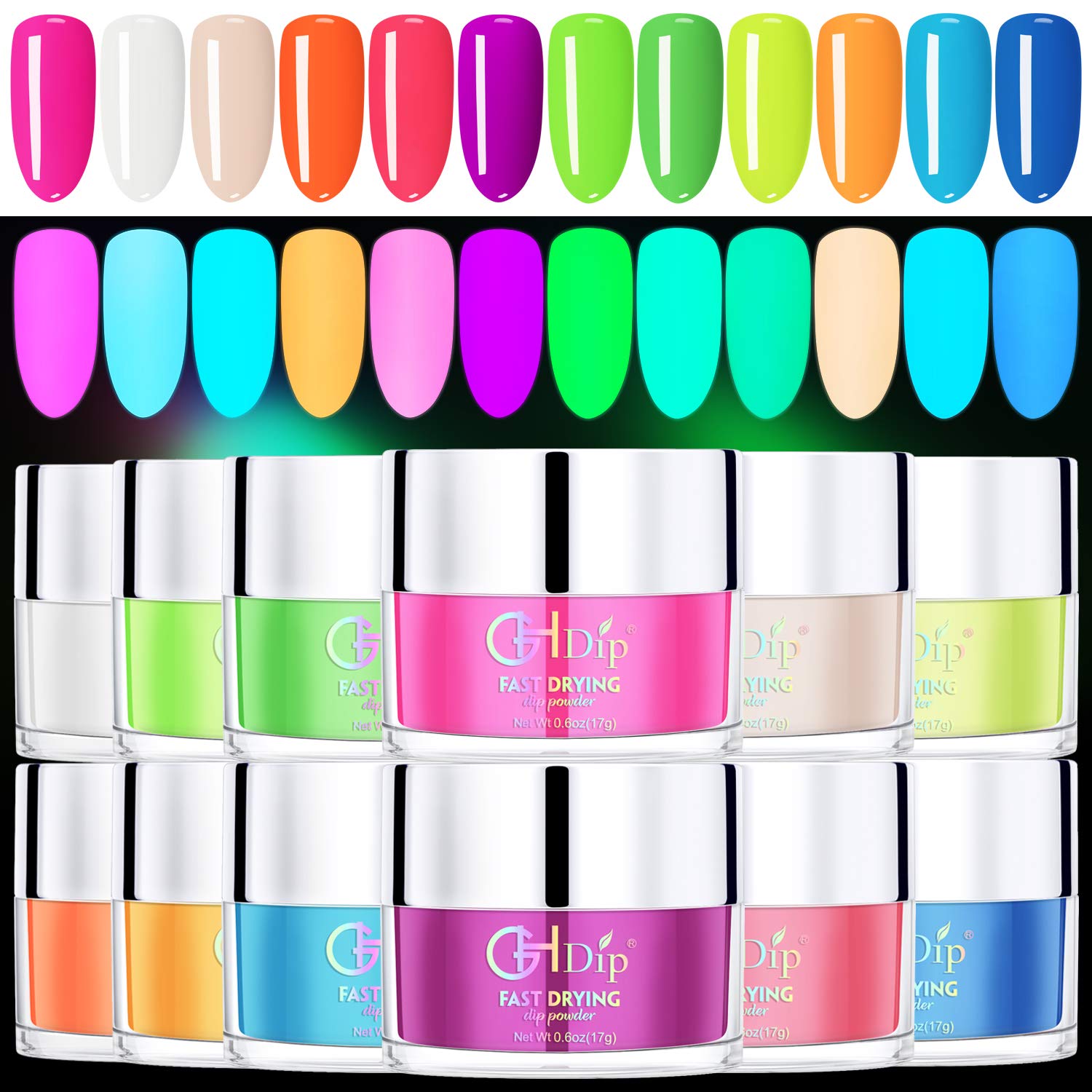 Nail Dip Powder Kit with 12 Neon Colors (Glow in The Dark