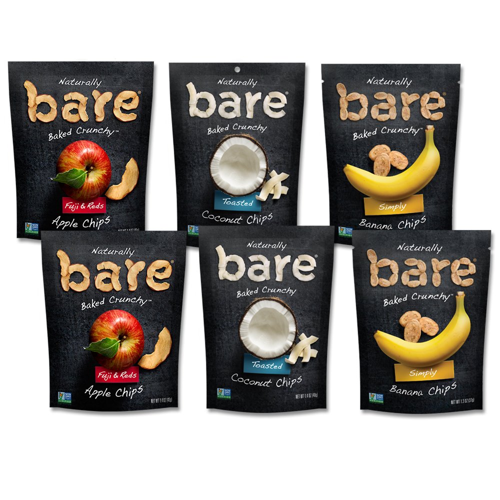 Bare Baked Crunchy Apple Chips, Banana Chips, and Coconut Chips, Variety Pack, Gluten Free, 6 Count