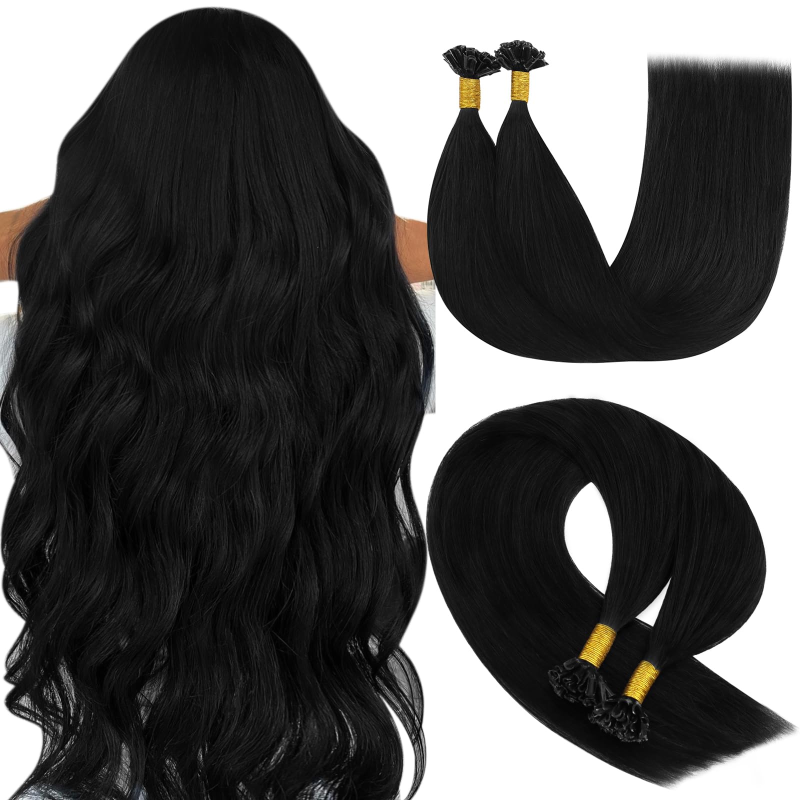 YoungSee Black U Tip Hair Extensions Black U Tips Human Hair Extensions Jet Black 16In Hot Fusion Hair Extensions Ktip 50s/50g Silky Straight — image 1