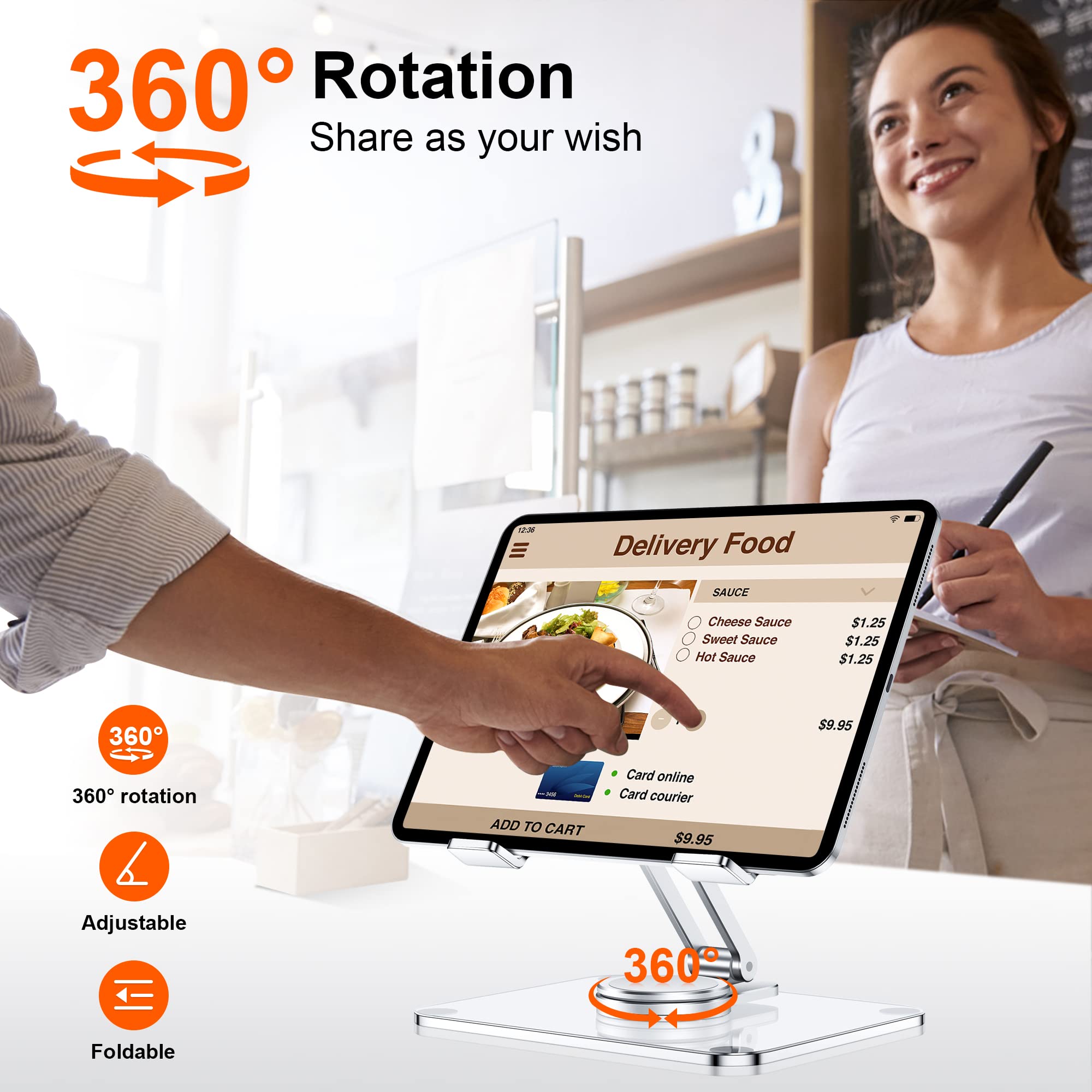 CreaDream Acrylic Tablet Stand Holder with 360 Rotating Base, Foldable Adjustable Transparent Tablet Holder for Desk Home Office, Compatible with iPad Pro Air Mini and More, Clear