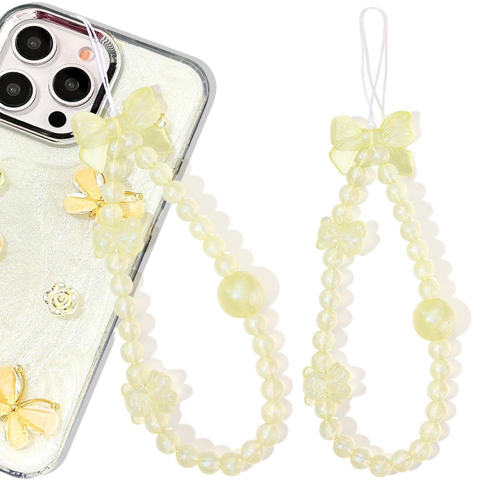 Neptniopllab Phone Charms-1PC Shiny Beaded Lanyard Charm Strap Universal Cellphone Lanyard Smartphone Chain String Charm for Phone Case Women(Yellow Bow C,1PC)
