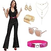 GFNWERTD 70s Disco Outfits Sequin Jumpsuit for Women, Disco Jumpsuit with Accessories Set for Halloween Cosplay Party ﻿
