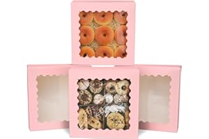 qiqee Auto-pop up Pink Pie Boxes with Window 10x10x2.5 inch 30Packs Cookie Donut Bakery Box