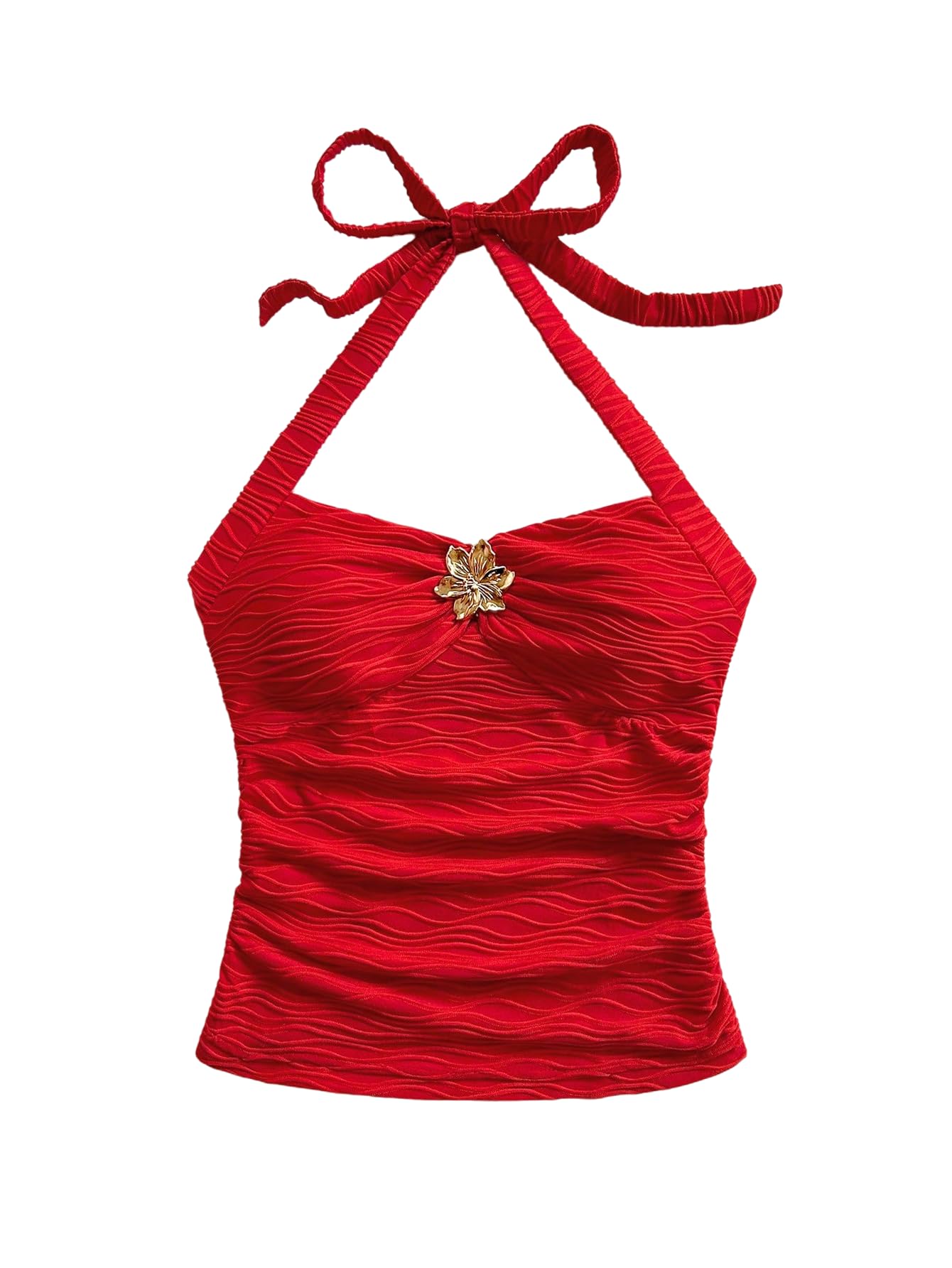 Photo 1 of SOLY HUX Women's V Neck Halter Tops Open Back Y2k Ruched Floral Metal Summer Going Out Cami Tops Solid Red Small