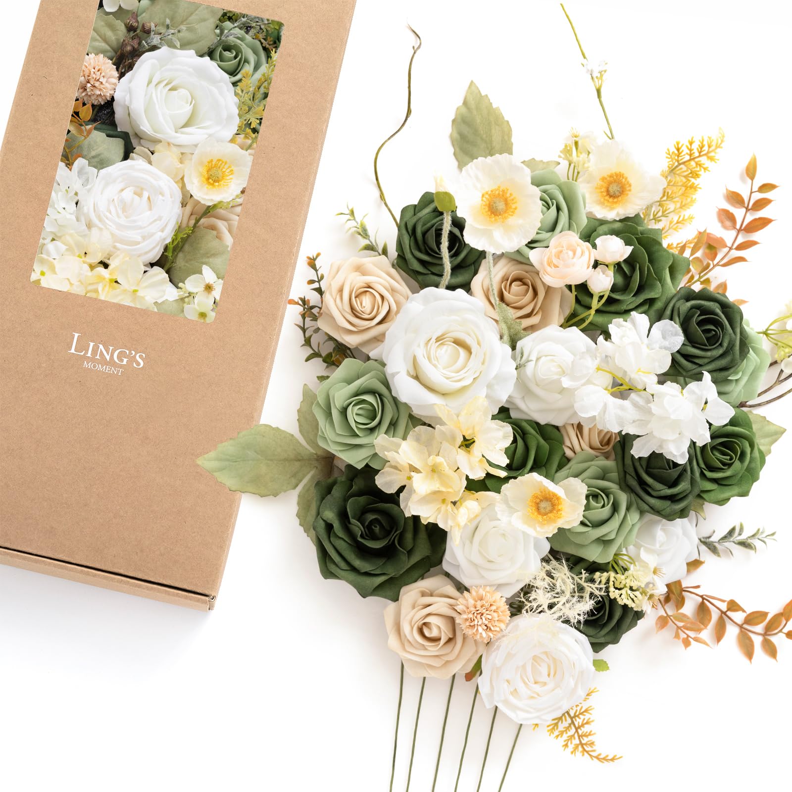 Ling's moment Green Flowers Artificial, Emerald Green & Beige Flowers and Greenery Deluxe Combo Box Set for DIY Wedding Bridal Bouquet, Centerpieces, Home Decor, Floral Arrangement Decor, etc. Image
