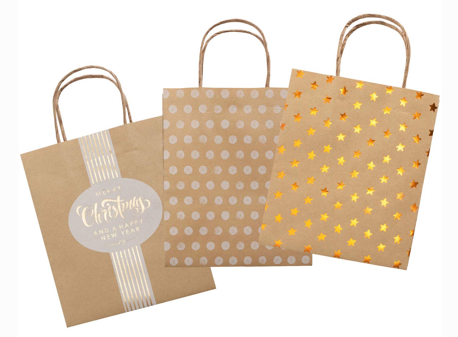 Folia 21823 Xmas Brown Kraft Paper Gift Bags Partially with Hot Foil Embossing Pack of 12 Approx. 18 x 8 x 21 cm, Assorted in 3 Designs for Crafting, Decorating and Giving, Colourful