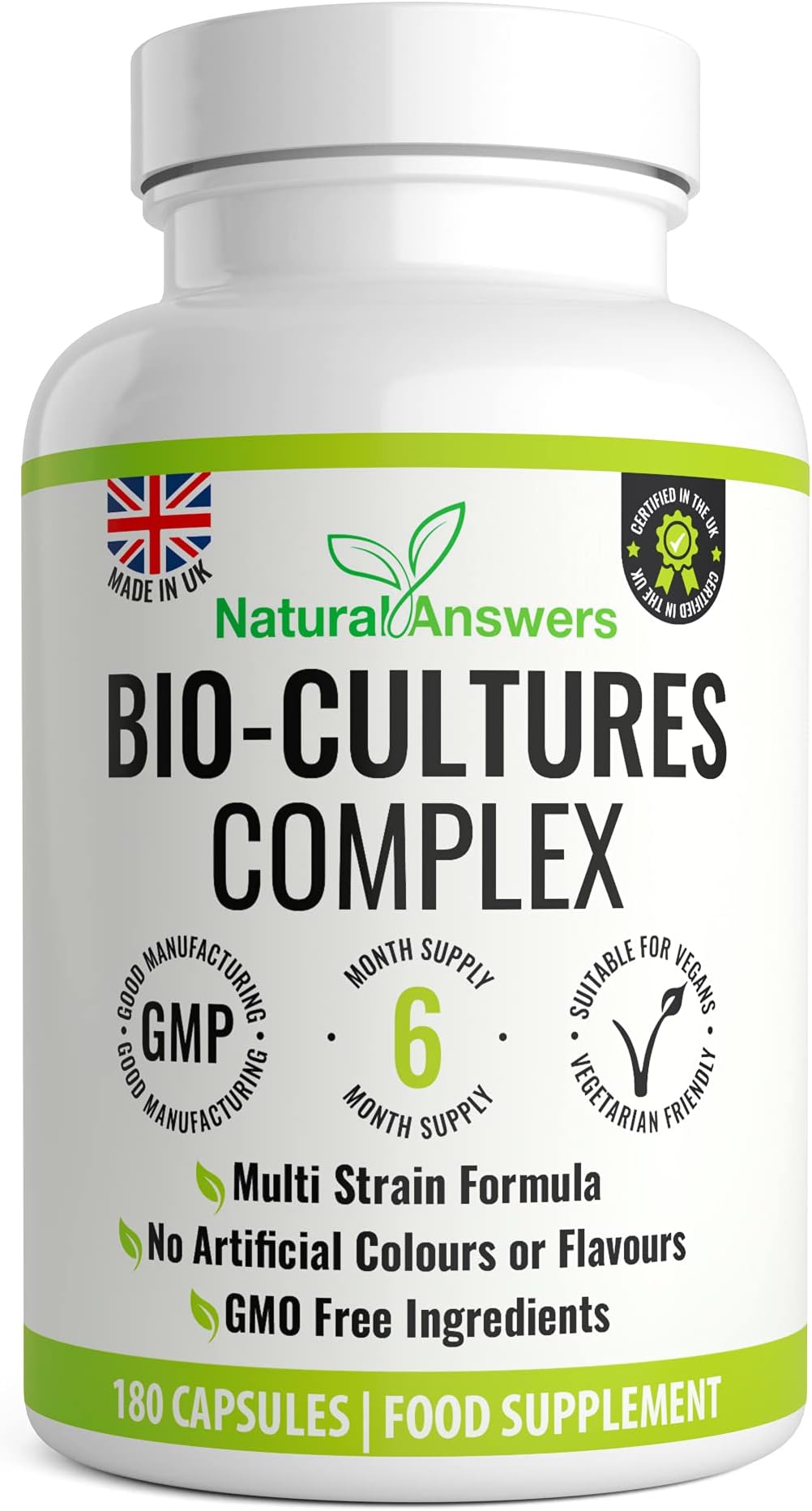 Vegan Bio Cultures Complex | 180 Caps - 6 Month Supply | Max Strength Digestive Enzyme 10 Billion CFU | 5 Bacteria Strains