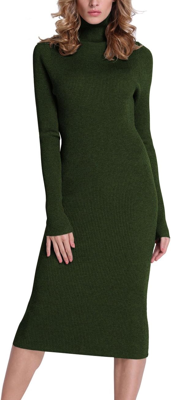 Rocorose Women's Turtleneck Ribbed Elbow Long Sleeve Knit Sweater Dress
