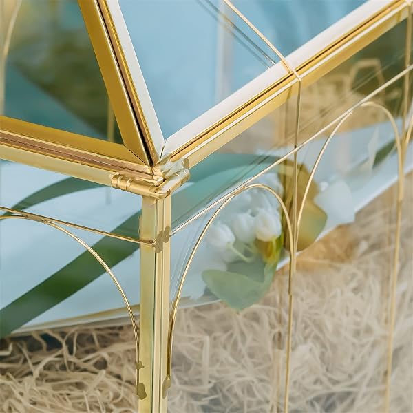 NCYP GLASS CARDS BOX WITH SLOT AND LOCK FOR WEDDING – 12.6″ X 5.9″ X 9″ GEOMETRIC VINTAGE ENVELOPS WISHWELL CARD HOLDER – TABLETOP RECEPTION, BIRTHDAY PARTY DECOR, GOLD (GLASS BOX ONLY)