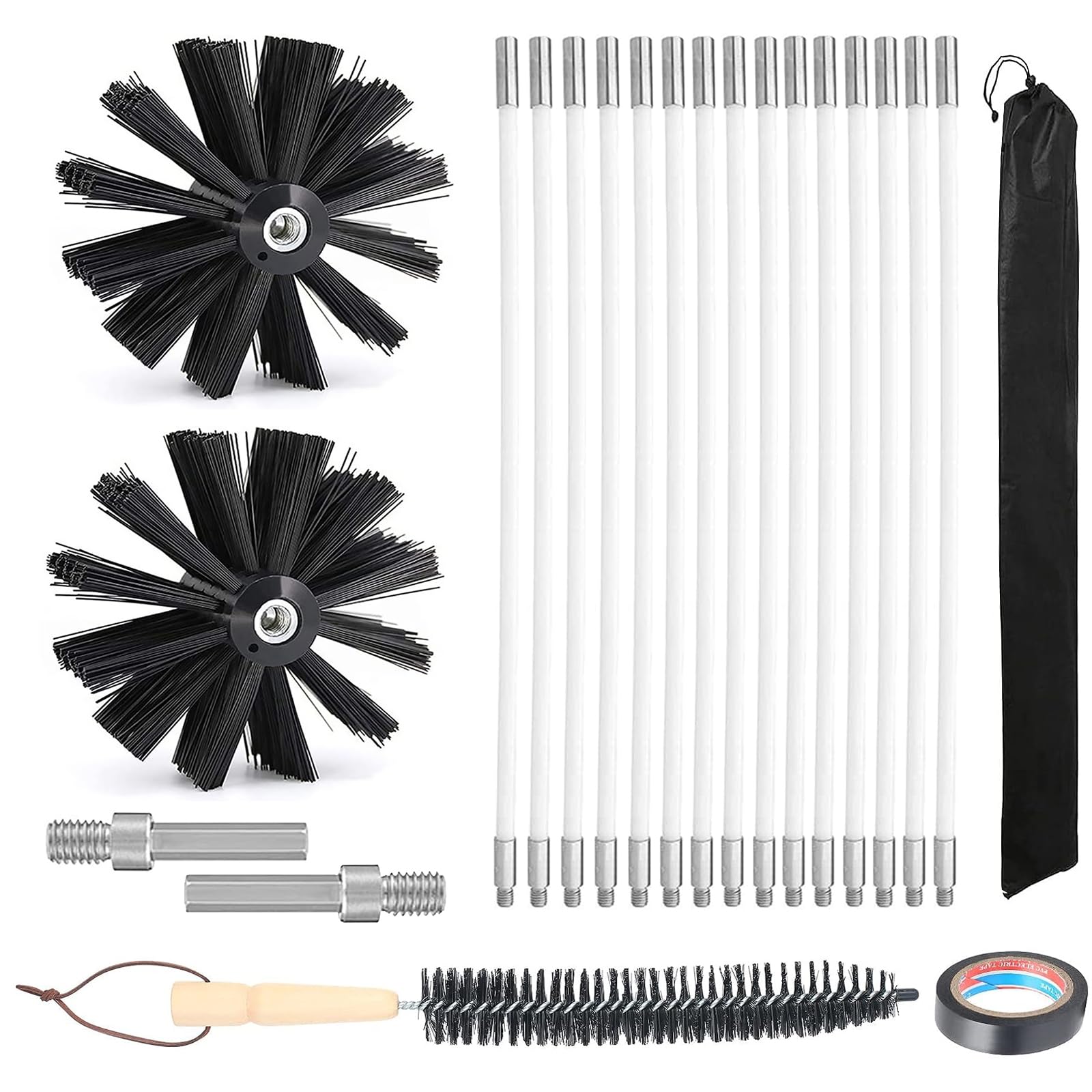 Chimney Cleaning Brush Kit, Duct Vent Cleaning Set Chimney Sweep Kit with 15 Flexible Rods, 2 Brush Head Duct Cleaning Tools for Fireplace Dryer Vent Sewage Pipe Fume Hood,Φ200mm