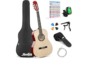 Moukey 36 Inch Acoustic Guitar for Beginners Kids Youth 3/4 Size Dreadnought Travel Guitarra Acustica Kit with Chord Poster, Gig Bag, Tuner, Picks, Nylon Strings, Capo, Strap - Natural