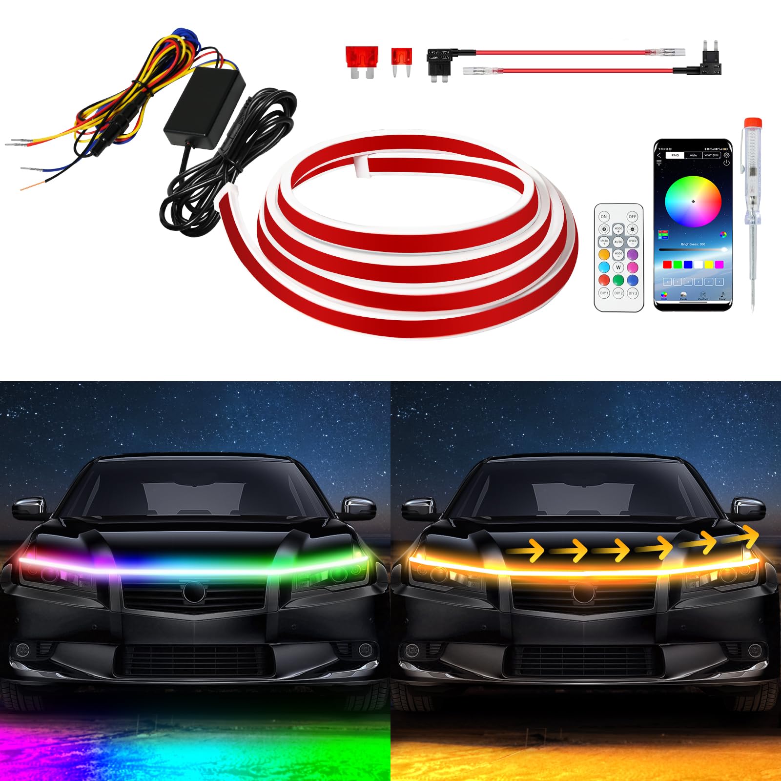 Photo 1 of DUOFU365 Exterior Car LED Hood Light Strip,RGB Multicolor Dynamic Scan Start Up Hoodbeam Kit with App & Remote Control,70 Inch 12V Updated Waterproof Hood Glow Lights for Cars, Trucks,SUV(1set)