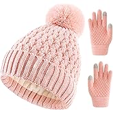 Toddler Girls Boys Beanie Hat and Touchscreen Gloves Set Knit Pom Hats Winter Skull Ski Caps 1-6 Years