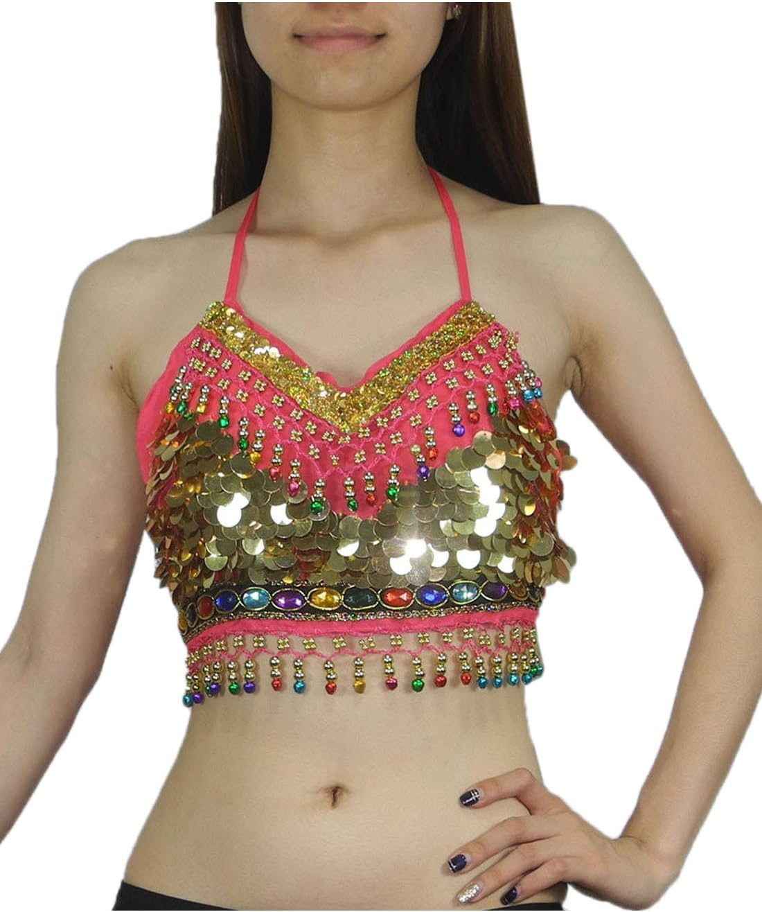 Womens Belly Dance Padded Colorful Stones Crop Top with Sequins & Beads 36A cup Rose