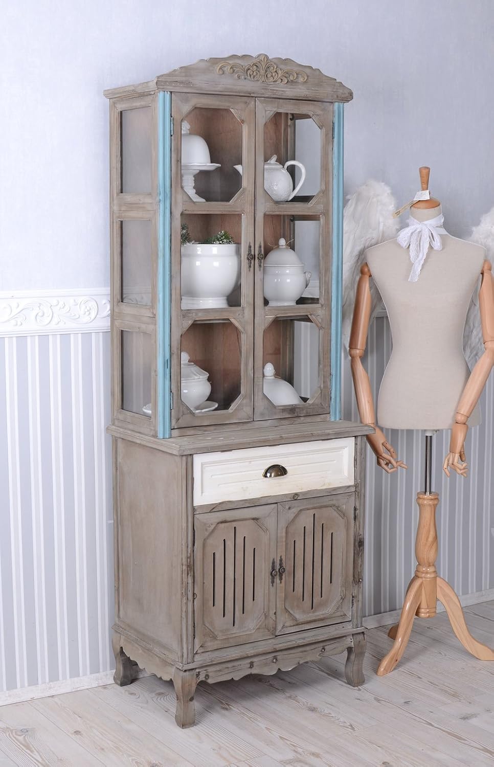 Antik Vitrine Buffet Schrank Shabby Chic Vitrinenschrank Küchenvitrine