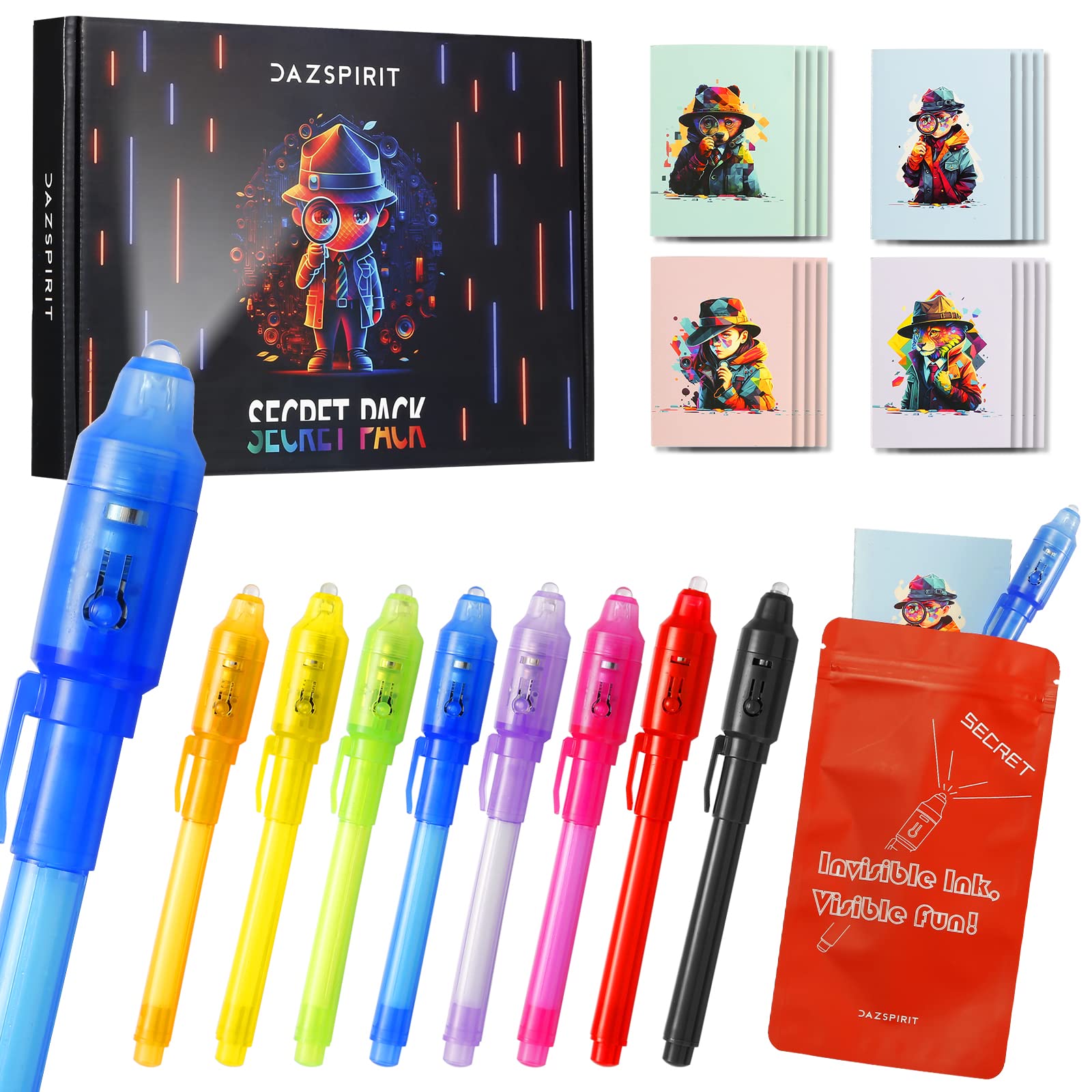 DazSpirit 8 Pieces Invisible Ink Pens and Notebooks Set - Detective Theme, UV Light Spy Pens Party Bag Fillers for Boys and Girls, Magic Secret Message for Detective Parties, Treasure Hunt — image 1