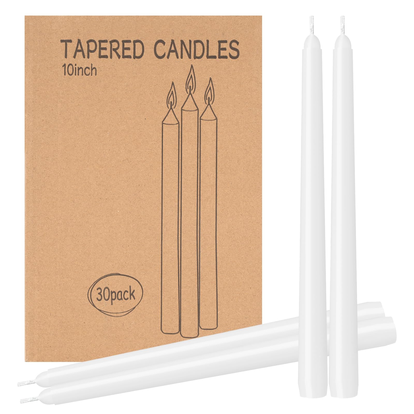 Photo 1 of 30 Pack White Taper Candles - 10 inch Dripless, Smokeless & Unscented | Long Burning 8 Hours | Hand Poured Tall Candlesticks | Bulk Decorative Candles for Home, Weddings & Parties