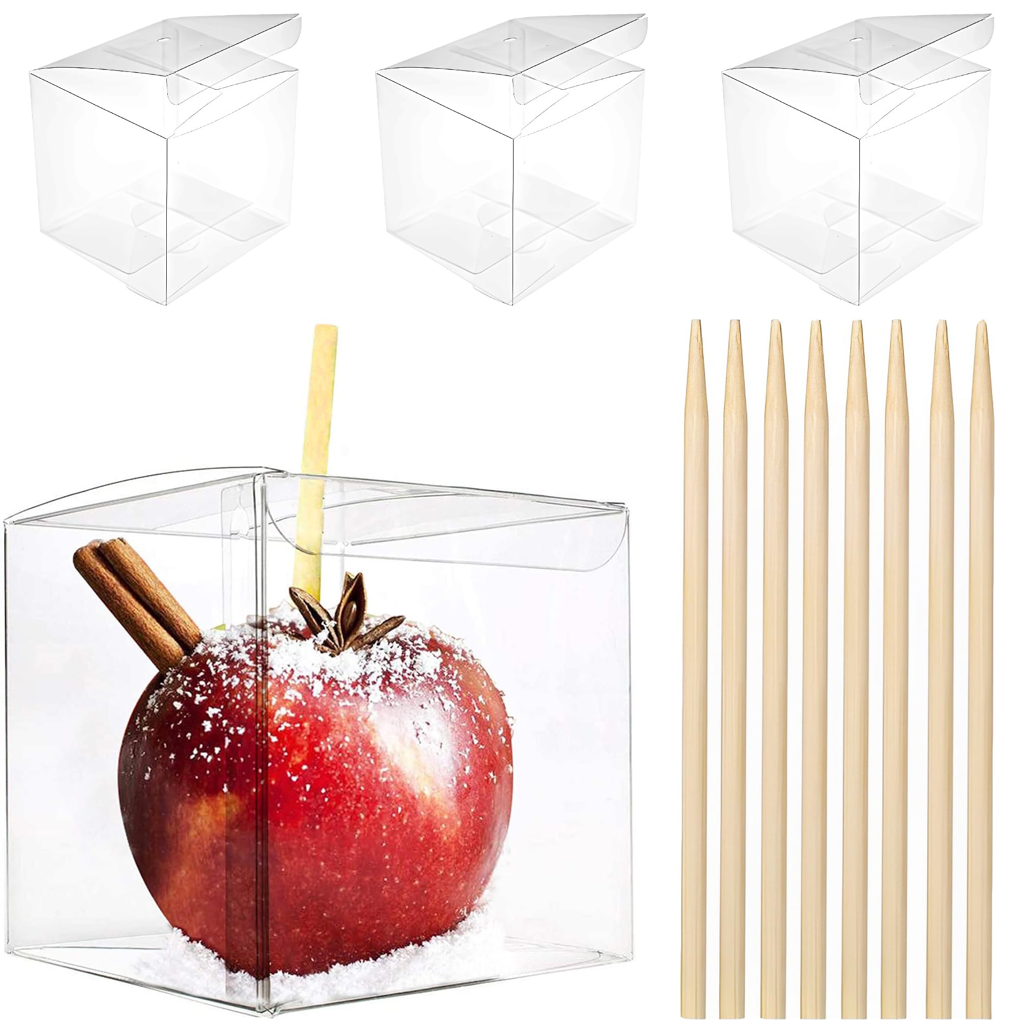 Photo 1 of LOKQING 20 Pack 4''x 4'' x 4'' Clear Candy Apple Boxes with Hole and Sticks Set Food Grade Plastic Clear Caramel Apple Containers Chocolate Covered Apples Packaging Party Favor Gift Goxes
