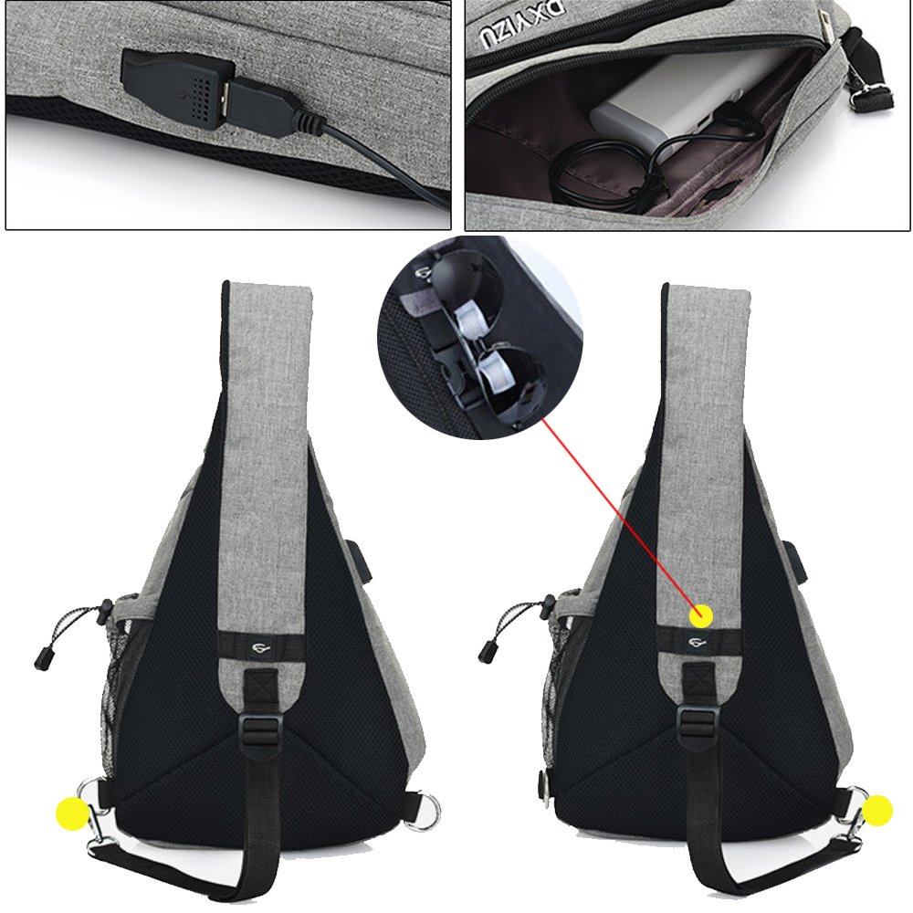 Sling Bag Chest Shoulder Backpack SINOKAL Casual Crossbody Shoulder Triangle Packs Daypacks for Men Women Canvas Digital Camera Bags with Charging Port for Sport Outdoor Gym Travel Hiking (Grey)