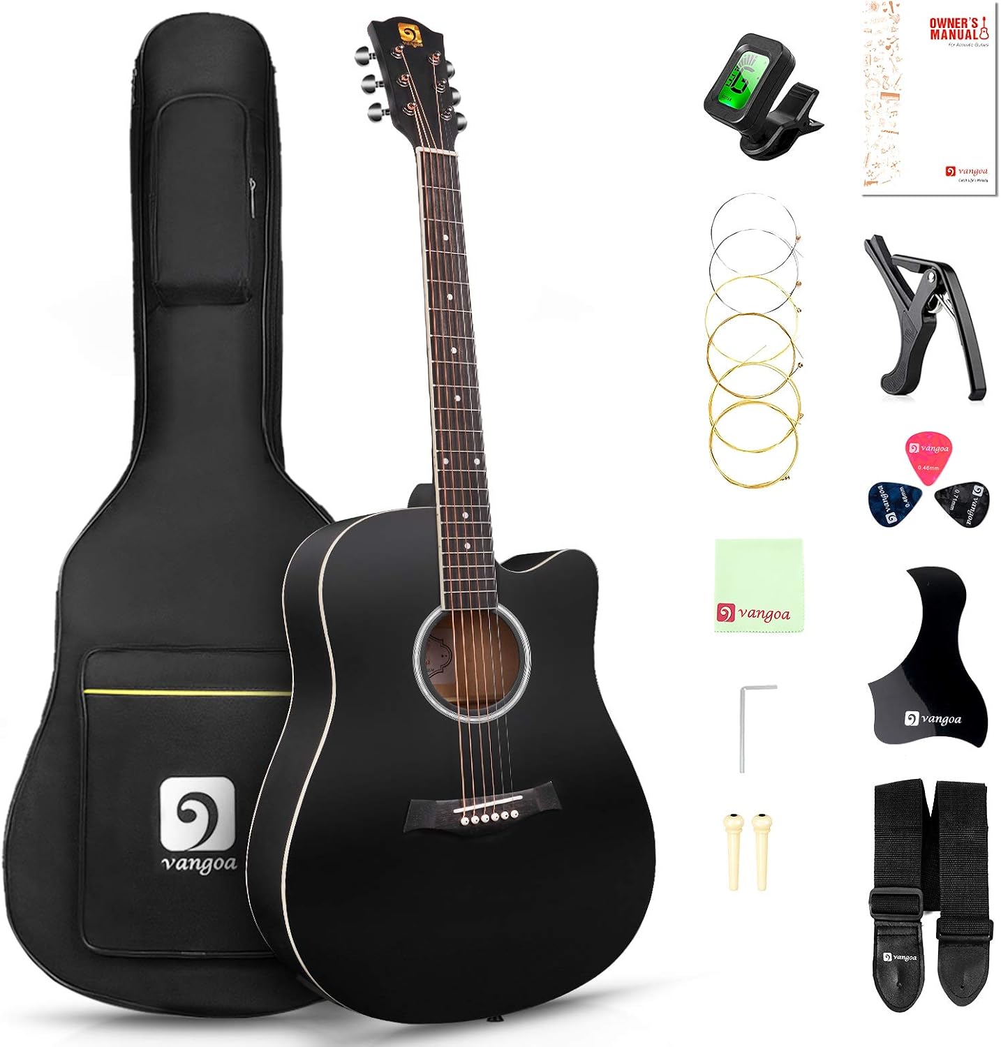 Vangoa 4/4 Acoustic Guitar Beginner Set Adult Full Size Cutaway Folk Guitar Starter Kit 41 inches with Gig Bag, Picks