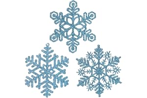 GAUMAANLEI 48pcs 4 Inch Pre-Strung Blue Snowflake Ornaments for Christmas Tree Decorations, Hanging Plastic Glitter Snowflake Christmas Ornaments Bulk in Light Blue