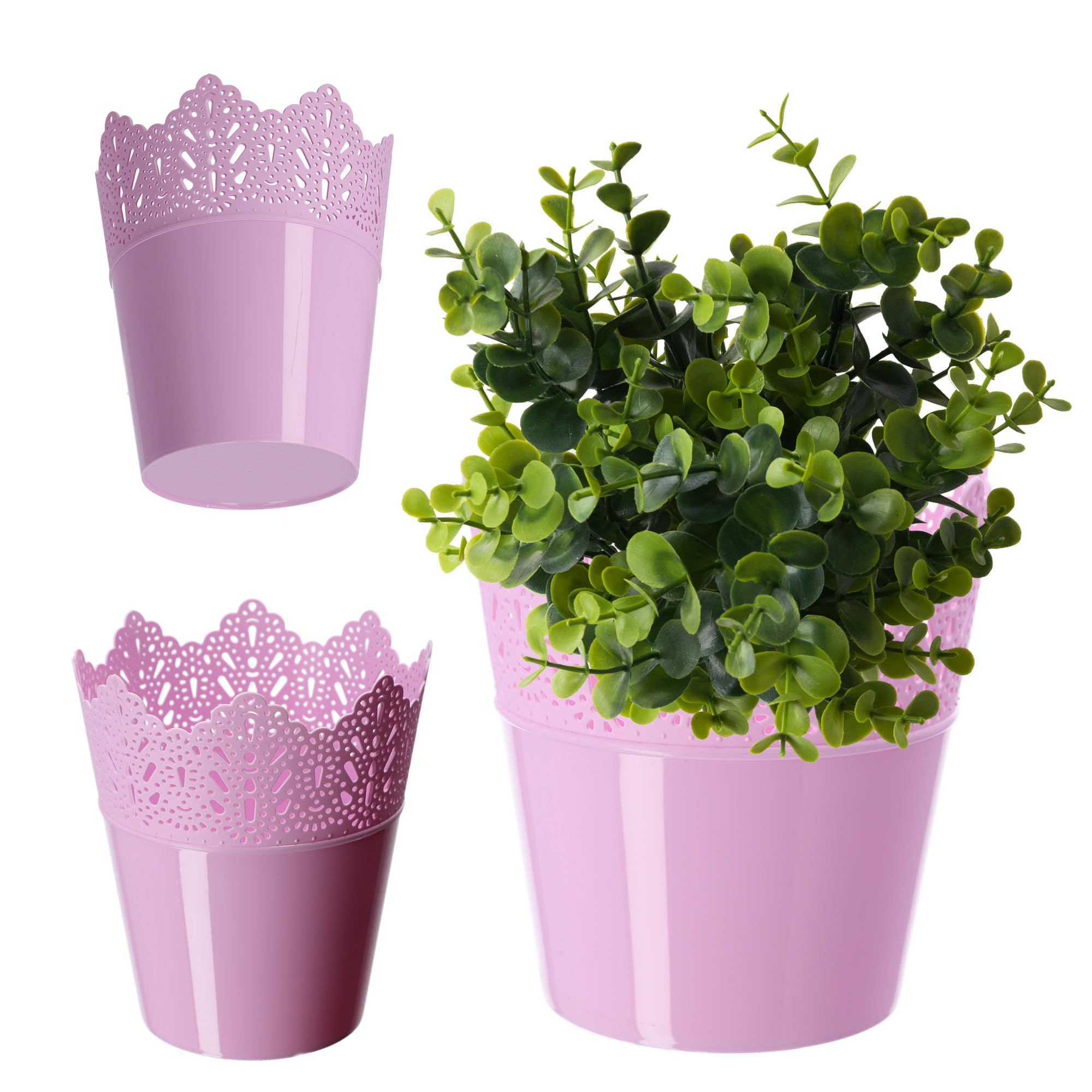 KADAX Plastic Lace Flower Pot, 9 Colours, Flower Pot with Lace Motif, Flower Pot Protector for Office, Pot, Garden Bowl, Flower Pot, Planter (Diameter 14.5 cm, Low, Pink)