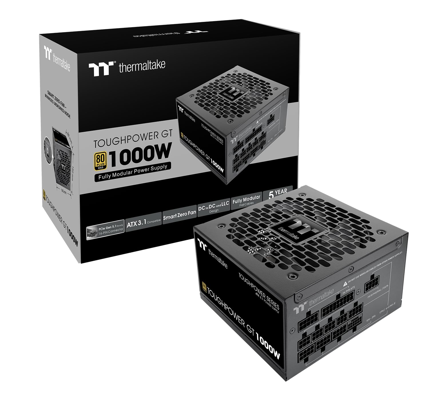 Thermaltake Toughpower GT 1000W; ATX 3.1; Native PCIe 5.1 12V-2x6; Full Modular; Flat Cables; Color Matched Connectors; Japanese Main Capacitors; 80 Plus Gold; 140mm; Black; PS-TPT-1000FNFAGU-3 Image