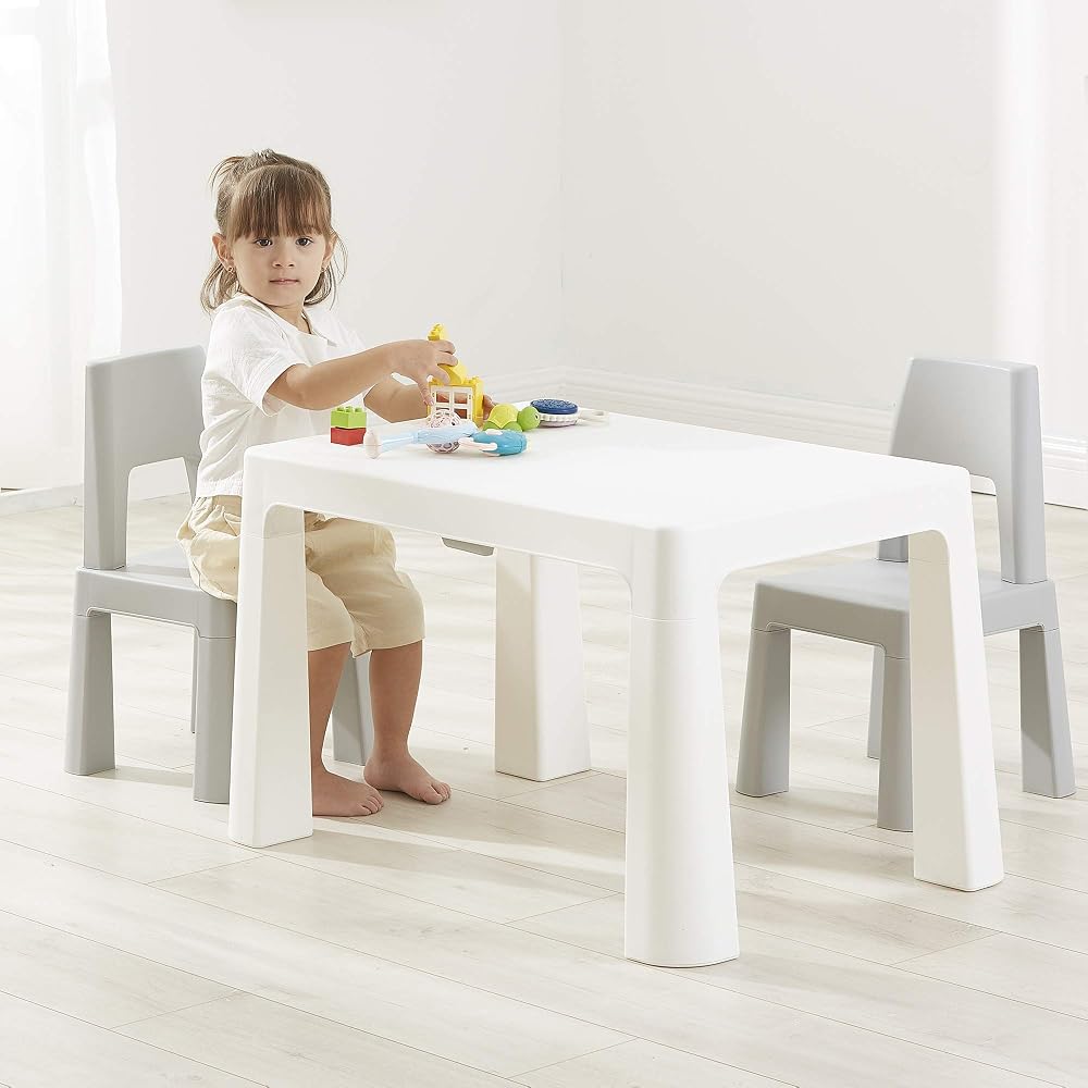 Liberty House Toys BS-8817W Kids Table and 2 Chairs White Grey 49-54cm Height