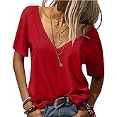 Eachyes Womens Deep V Neck T Shirts Casual Short Sleeve Loose Fit Basic Fashion Tee Tops