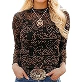 Chvity Women's Long Sleeve Mock Neck Tops Sexy See Through Mesh Going Out Tops Y2k Sheer Letter Printes Western Rodeo Outfit