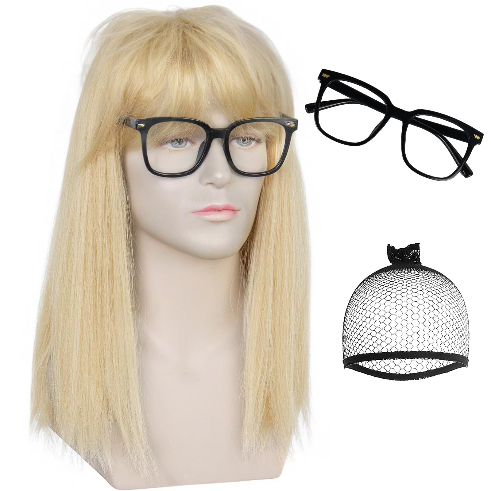 Photo 1 of ANOGOL Hair Cap+ (1 Glasses) Blond Mullet Wig for Men 80s Heavy Metal Rocker Costume Adult 90s Punk Rock 70s Cosplay Party Halloween