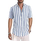 JMIERR Men's Casual Stylish Short Sleeve Button-Up Striped Dress Shirt Cotton Beach Shirts