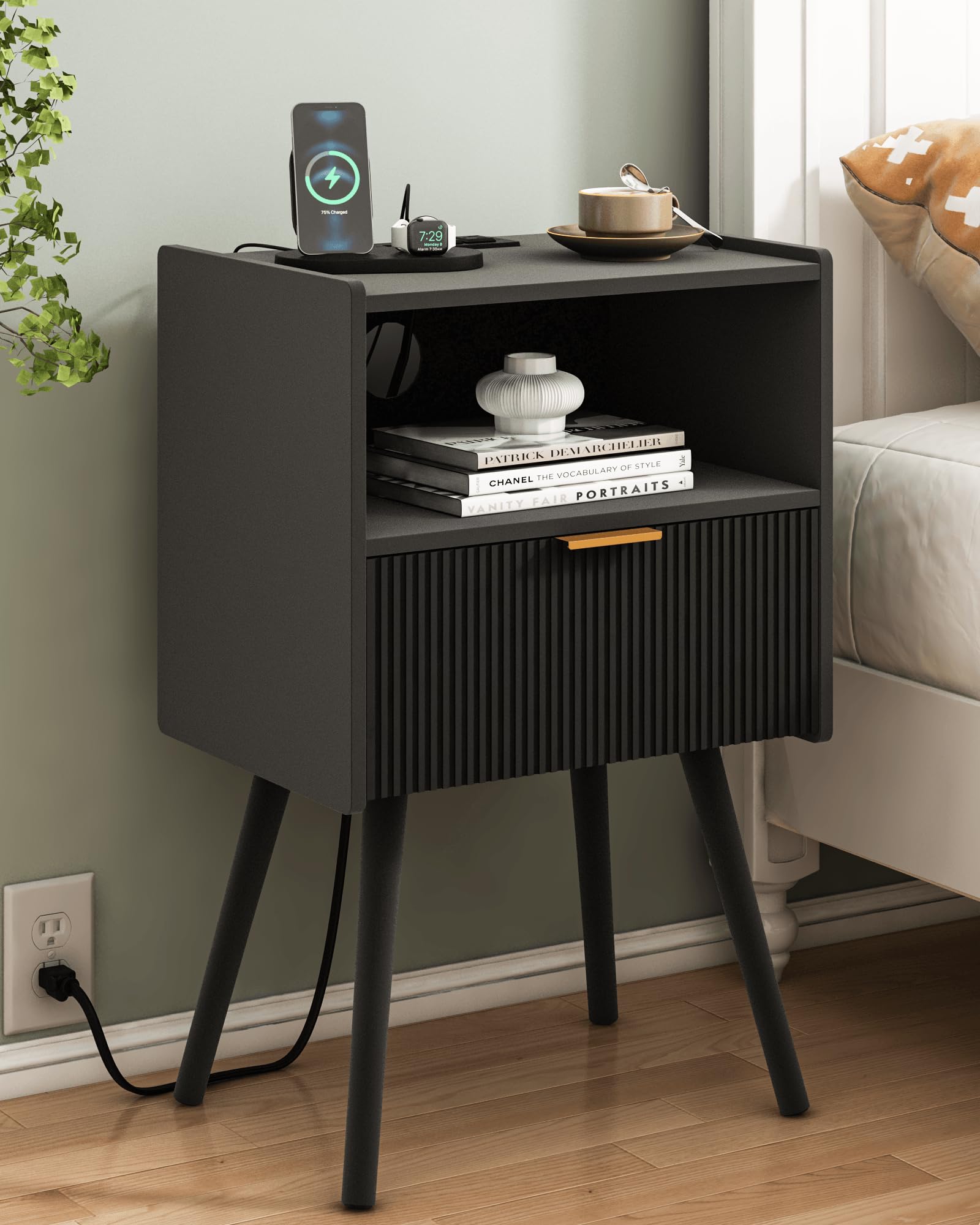 Photo 1 of JOONEE Black Nightstand with Outlet,Modern Bedside Table with Storage Drawer and Open Wood Shelf, for Living Room, Bedroom and Small Spaces, Accent Night Stand with Solid Wood Legs, Easy Assembly