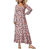 Dokotoo Womens Dresses Spring Summer 2026 Boho Floral Smocked Empire Waist Square Neck Long Sleeve Button Beach Maxi Dress