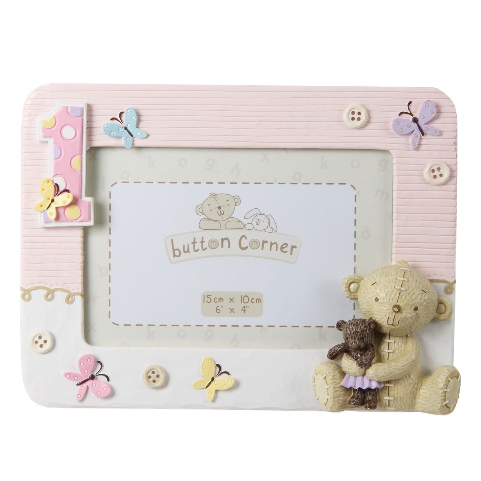 Button Corner WBM-GFT06 Cute Teddy Bear Photo Frame for 1st Birthday - Pink, Transparent, 200 g