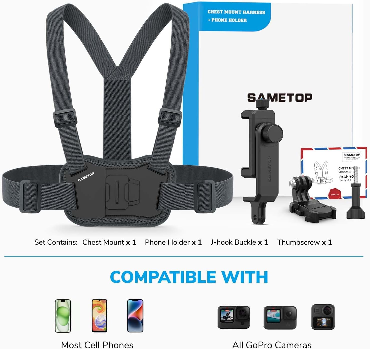 Phone Chest Mount Harness Holder Mobile Phone Strap Clip Compatible with iPhone Samsung GoPro 13/12/11/10/9/8 DJI Osmo and Most Cell Phones Action Cameras POV/VLOG