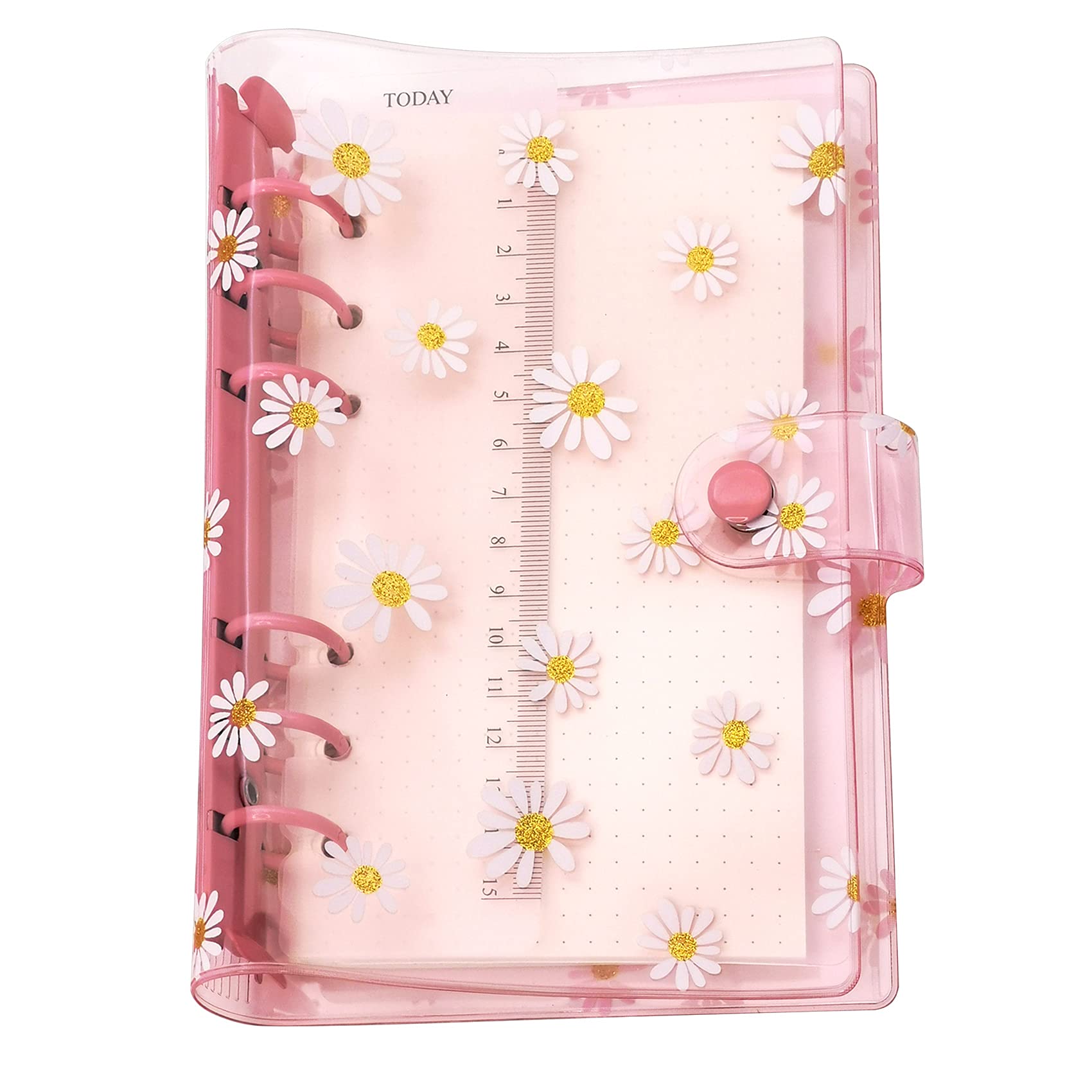 A6 A5 6-Holes Colorful PVC Cover Round Ring View Binder with Snap Button Closure File Folder (Pink Daisy, A6 mini Set)