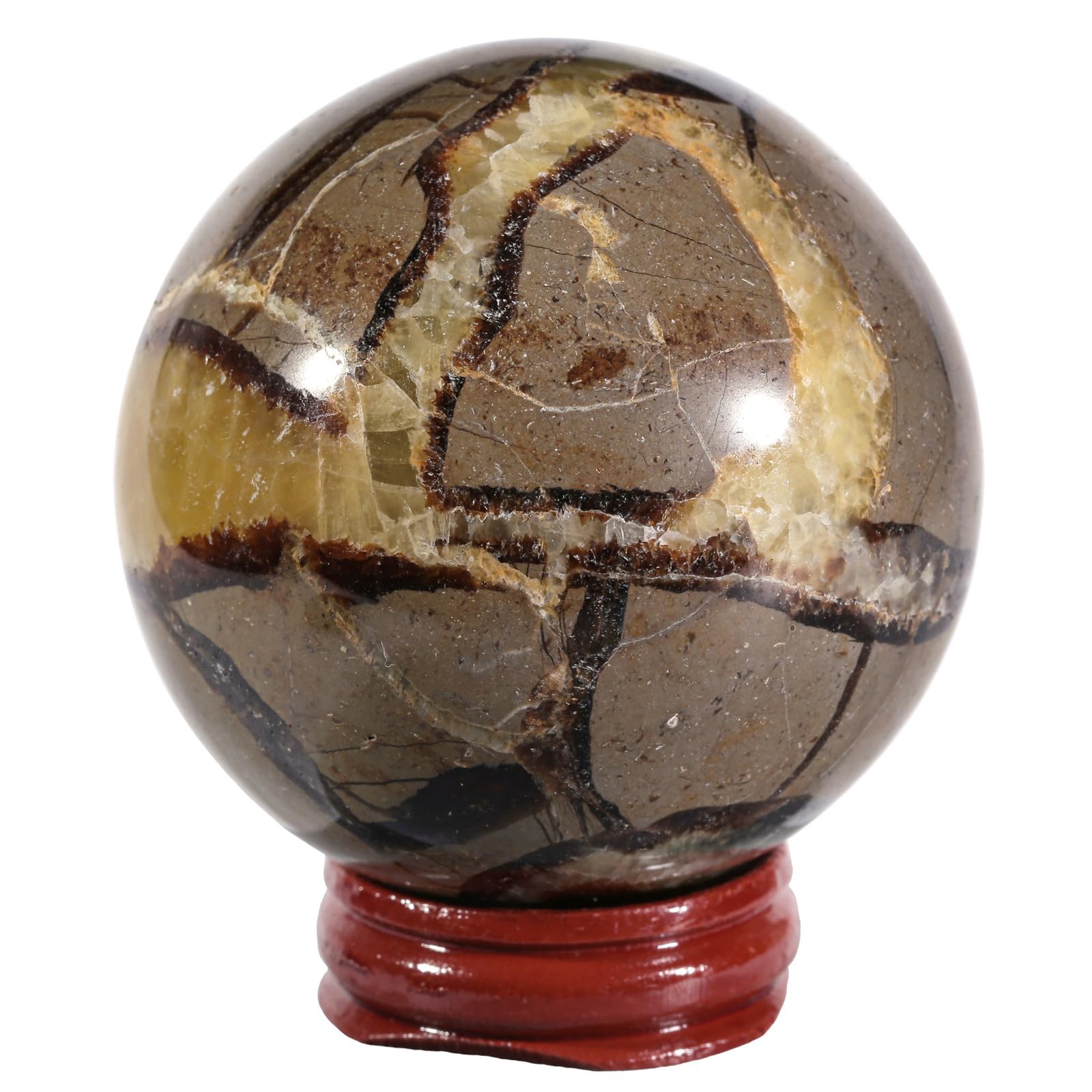 Nupuyai Natural Septarian Dragon Stone Ball with Wooden Stand, Geode Crystal Stone Sphere Feng Shui Office Home Decor Meditation Crystal Ball, 61-70mm