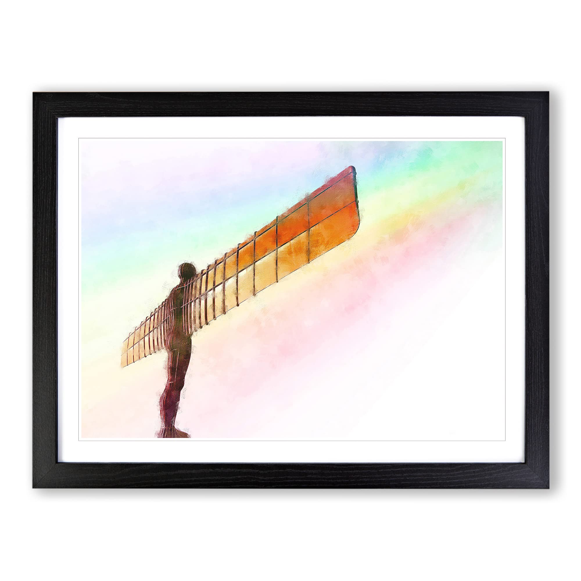 Rainbow On The Angel Of The North Painting Modern Art Framed Wall Art Print, Ready to Hang Picture for Living Room Bedroom Home Office Décor, Black A3 (46 x 34 cm)